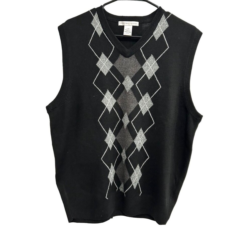 Geoffrey Beene Mens Argyle V Neck Sweater Vest Black Gray Size Large